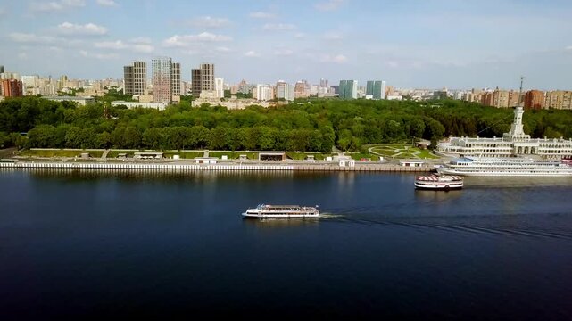 Aerial view of the North River Terminal on the Khimki Reservoir in Moscow, Russia