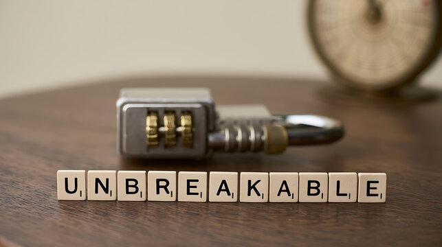 Combination lock resting on a dark wooden table with letter tiles spelling out the word unbreakable placed in a row in the foreground