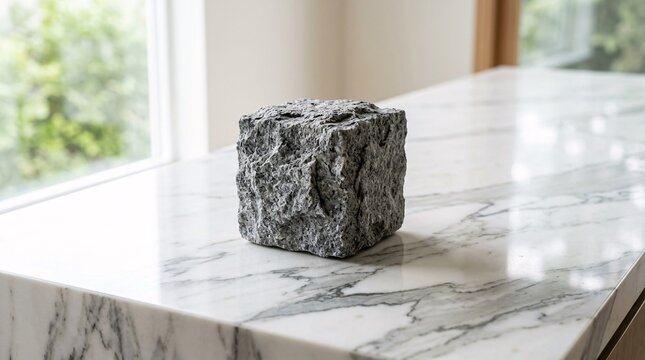 Rough granite cube on veined marble countertop, jagged stone contrasting the polished surface, sculptural minimalism, with dramatic mood