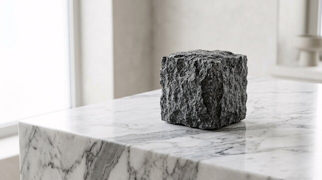 Rough granite cube on veined marble countertop, jagged stone contrasting the polished surface, sculptural minimalism, with dramatic mood