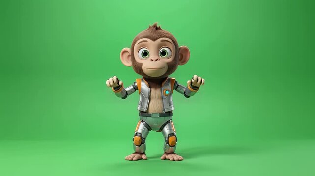 Dancing monkey wearing robot suit performing fun moves on green screen