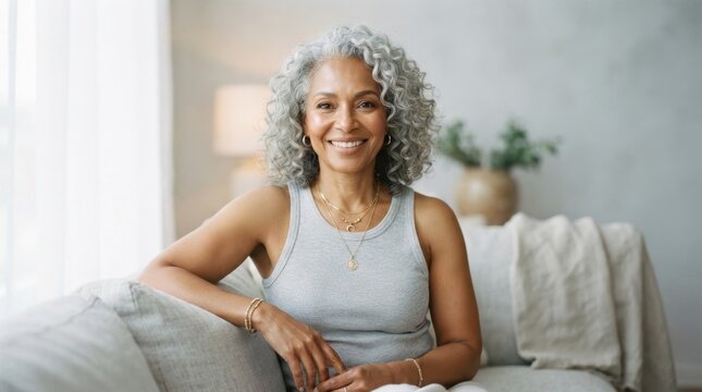 Confident Woman on Sofa: An elegant, mature woman with stylish grey curly hair and a warm smile poses confidently on a comfortable sofa, exuding grace and sophistication in her home environment.