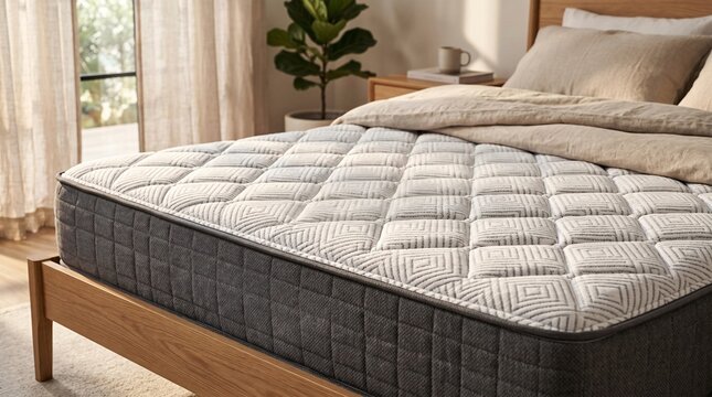 Close-up shot of thick quilted orthopedic memory foam mattress on wooden bed frame in cozy bedroom.