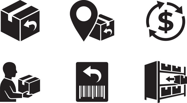 E-commerce reverse logistics, product return, refund and restocking minimalist geometric silhouette icon set