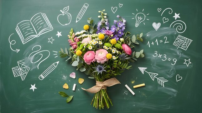 Centered on a dark green chalkboard surface is a colorful floral arrangement featuring roses  daisies  and thistles  surrounded by whimsical chalk illust ns like open books  light bulbs  stars
