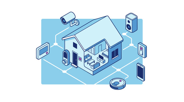 Dynamic Smart Home Security and Automation System Illustrated with Isometric House and Connected Devices