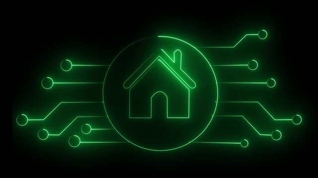 Neno Smart home symbol digital circuit board Isolated on Black Background. Glowing neon line Smart home icon ,Video motion graphic animation.