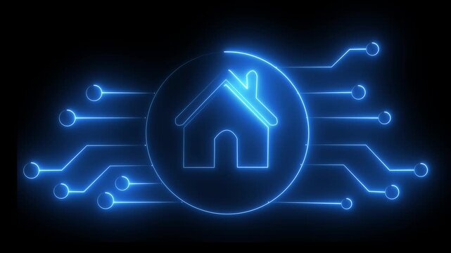 Neno Smart home symbol digital circuit board Isolated on Black Background. Glowing neon line Smart home icon ,Video motion graphic animation.