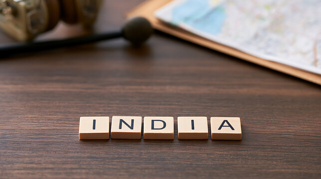 Wooden letter tiles spell the word India on a rustic table with vintage travel accessories map and compass in the background for tourism concepts
