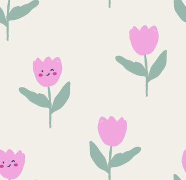 Hand drawn pink tulips with cheerful faces in a repeating pattern on a light background