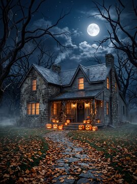 Mysterious Halloween house at night with glowing pumpkins, full moon, bare trees, autumn leaves and atmospheric mist.