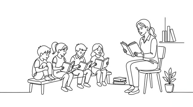 Reading Teacher Reading to Group of Children in Classroom