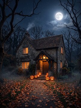 Mysterious Halloween house at night with glowing pumpkins, full moon, bare trees, autumn leaves and atmospheric mist.