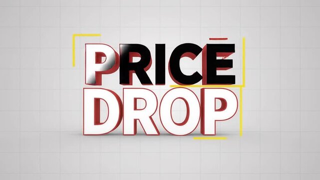 Price drop 3D text animation with red down arrow and floating percentage symbols