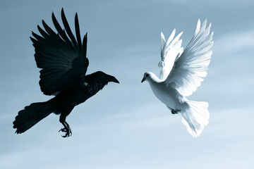 Obraz premium Contrasting juxtaposition of a dark raven and a white dove in flight, signifying duality and opposition