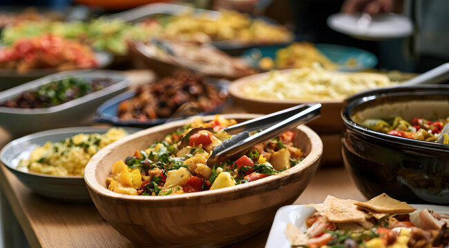 A varied array of dishes from a communal food station at a family gathering featuring different home-cooked creations.