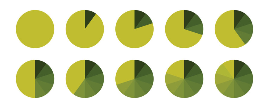 Circle diagram pie chart set. 1 to 10 step by pie chart. Loading bar set diagram multicolored collection. Set of colorful pie charts with varying segments. Vector illustration.