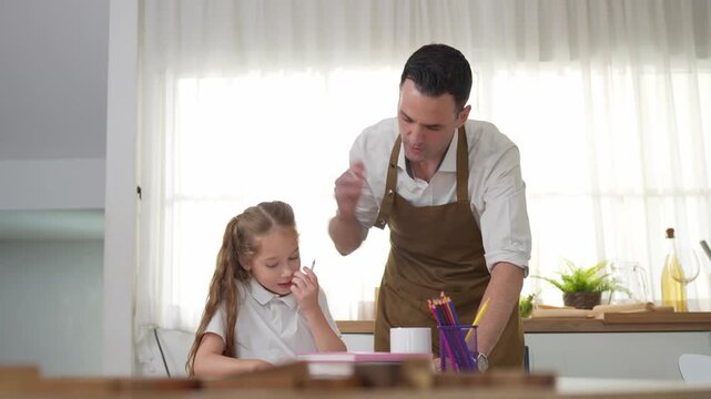 Father helping daughter with homework, family bonding in a cozy home environment, Parental guidance, caring father supporting his young daughter with schoolwork
