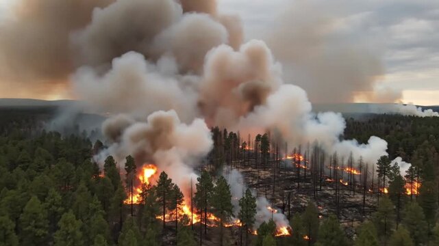 Aerial view of intense forest wildfire with large smoke plumes rising over burning forest at dry season