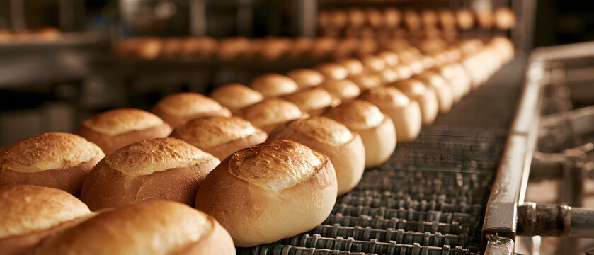 Bakery loaves are moving on the conveyor belt
