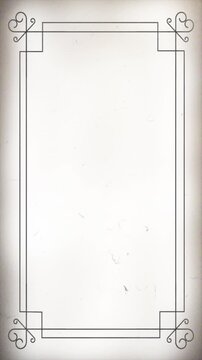 Vertical 9:16 vintage silent film frame overlay featuring an ornate black art deco line border, corner flourish swirls, subtle vignette edges, flickering analog dust, hair and scratches