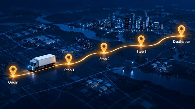 Digital Logistics Tracking Concept with Delivery Truck Moving on Glowing Route Representing Supply Chain Optimization