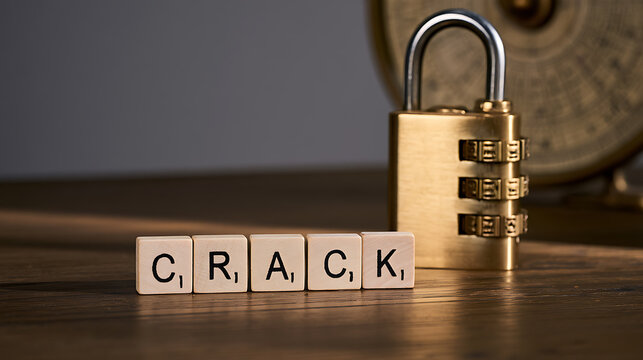 A brass combination padlock next to letter tiles spelling crack on a wooden surface representing code security and privacy protection concept