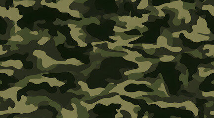 Fototapeta premium This seamless woodland camouflage pattern, featuring olive green, brown, and black, is perfect for use in military apparel designs