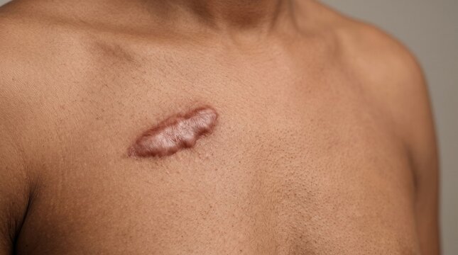 Keloid scar on upper chest, raised overgrown scar tissue close-up