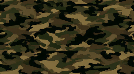 Fototapeta premium Classic woodland camouflage seamless pattern texture in olive green, brown, and black tones for military apparel design