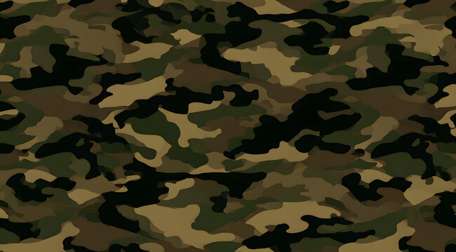 Classic woodland camouflage seamless pattern texture in olive green, brown, and black tones for military apparel design