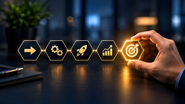 Executive Hand Reaching Target Goal Icon Representing Strategic Business Execution and Corporate Success Achievement