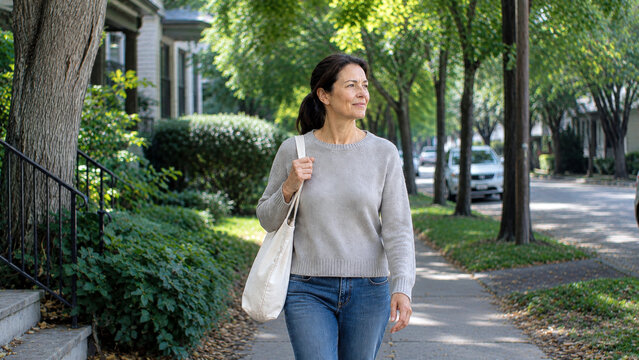 Middle aged woman walking along a quiet tree lined neighborhood street with a tote bag, representing everyday lifestyle, independence and healthy aging