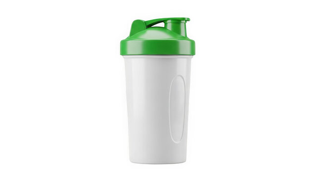 White plastic protein shaker bottle with a green lid