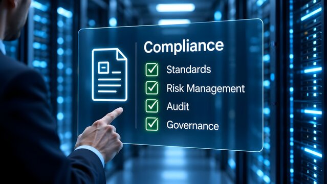 Corporate IT Compliance Dashboard Displaying Risk Management Audit and Governance Checklist in Datacenter