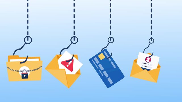 phishing scam stealing email credit card and login data cyber attack animation