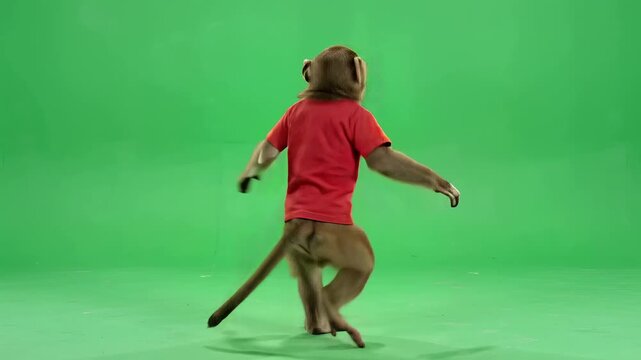 Dancing monkey wearing a red shirt moves on a green screen