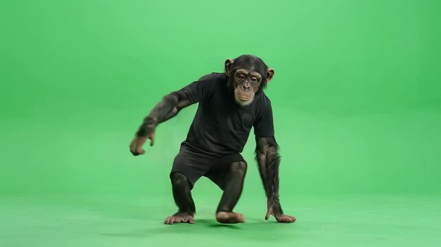 Dancing monkey in black suit performs breakdance moves on green screen