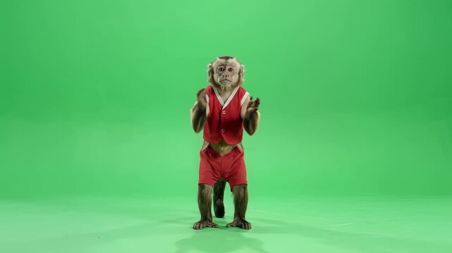Dancing monkey wearing red clothes performing funny moves on green screen