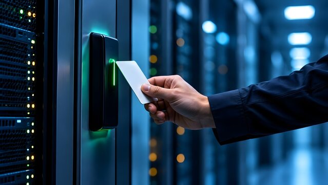 Physical data center security access control with hand swiping blank RFID keycard at biometric scanner