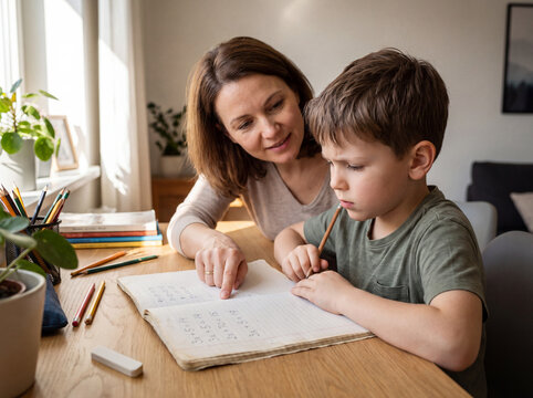 jeune gar&ccedil;on concentr&eacute; sur ses devoirs de math&eacute;matiques &agrave; la maison, accompagn&eacute; de sa maman l&eacute;g&egrave;rement flout&eacute;e en second-plan, &agrave; une table en bois &eacute;clair&eacute;e par la lumi&egrave;re naturelle