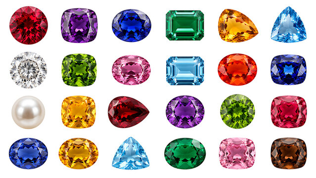 Collection of various colorful shiny loose gemstones and diamonds isolated on a white background