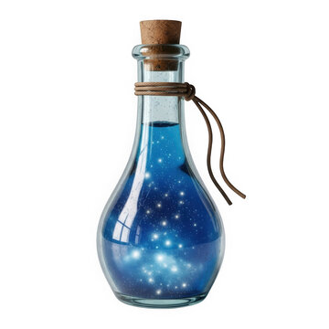 Glass potion bottle filled with blue magic galaxy stars