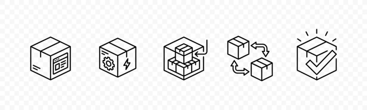 flat vector illustration line art icon bundle set design highlighting logistics security locked boxes and blockchain data cubes for smart supply chain management mobile ui