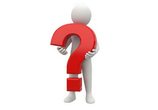 3D white man character holding red question mark isolated on transparent background