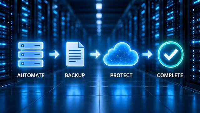 Automated cloud backup workflow dashboard showing data protection progress in an enterprise server facility
