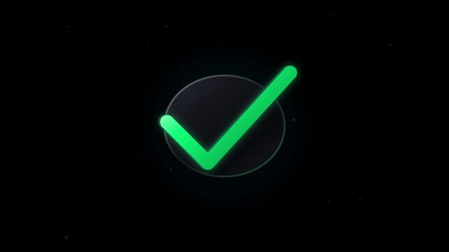 Glowing green checkmark validation symbol with dark circle button and floating magic particles loop animation on a black background