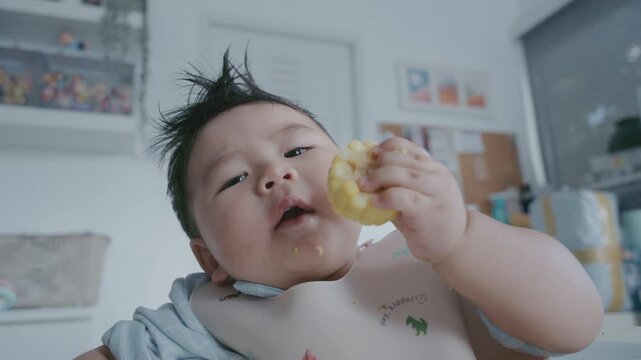 Asian baby boy eating boiled corn on high chair, BLW (baby-led weaning) concept, healthy solid food introducing to infant at home