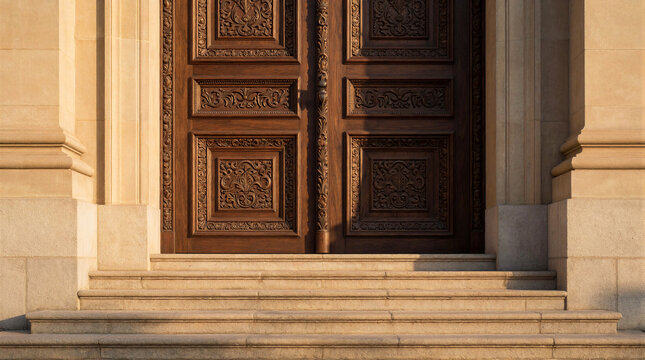 Massive wooden double doors with intricate carvings stand closed at the top of wide stone steps