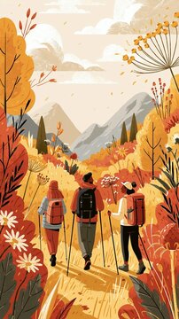 a lush, autumnal landscape. The style is whimsical and cartoonish, with a warm color palette of oranges, yellows, reds, and browns. The hikers wear backpacks and trekking poles.